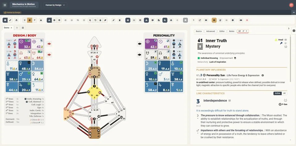 Human by Design op full HD: de bodygraph met de planeetkolommen, en in het paneel ernaast de uitleg bij poort 61, geactiveerd door de Personality-zon.