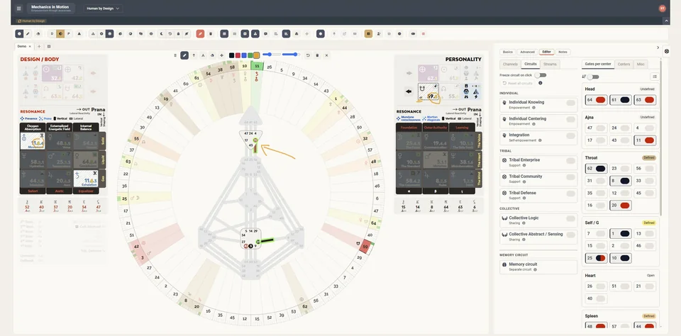 Human by Design in lesmodus: de chart in de mandala met tekengereedschap erboven, de resonantie- en kleurpanelen bij de planeten, en in het paneel ernaast de circuit-editor en de poorten per center.